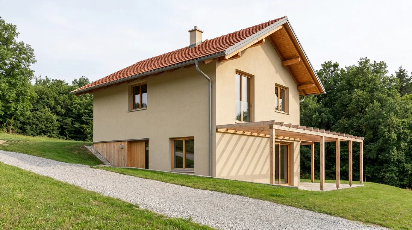 Teren mora biti bolj strm, spodnja etaža je delno vkopana. Posledično gre pergola na sprednjo stran.