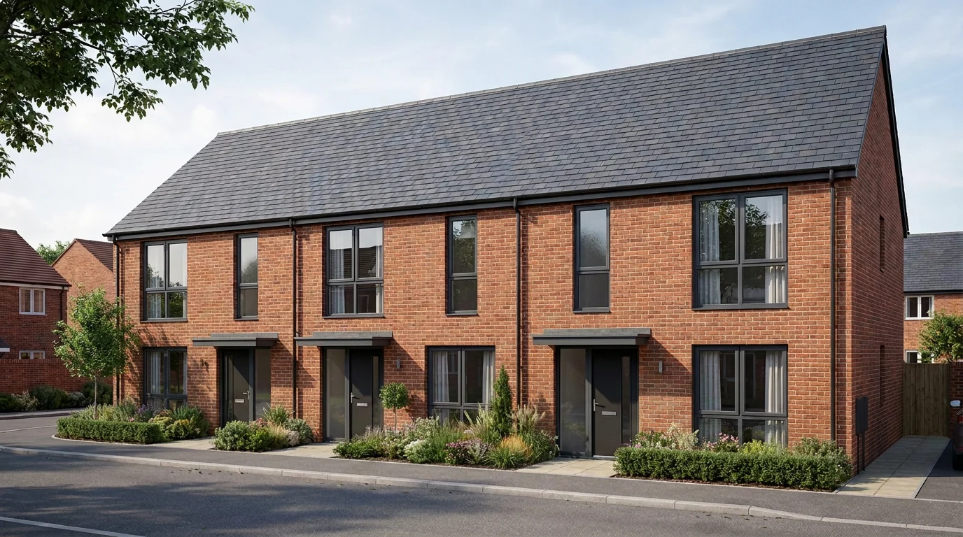 Keep everything else unchanged; for all three terraced houses, place the entrance door consistently on the right side